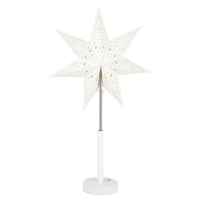 Markslöjd Standstern Noella - Ø x H: 35 x 62 cm, Weiß, LED, Akkubetrieben - Weiße sternförmige Lampe mit Stern- und Punkt-Ausschnitten auf einem weißen und silbernen Ständer.