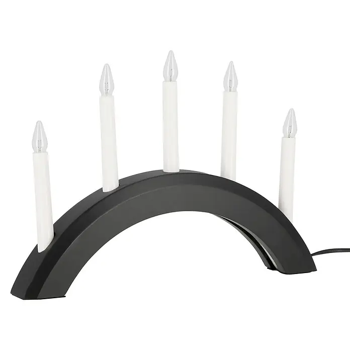Markslöjd Schwibbogen Aventus - Netzbetrieben, 5 x 40 x 27,5 cm, Lichtfarbe: Warmweiß, Schwarz - Dunkelgrauer elektrischer Kerzenbogen mit fünf weißen kerzenförmigen Lichtern.