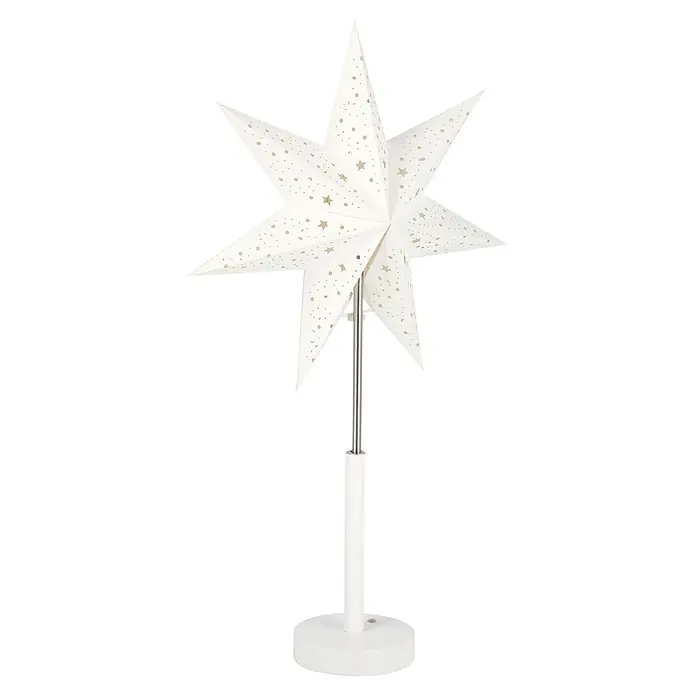 Markslöjd Standstern Noella - Ø x H: 35 x 62 cm, Weiß, LED, Akkubetrieben - Weißes sternförmiges Dekolicht mit gestanzten Sternen und Punkten, auf weißem und silbernem Ständer.