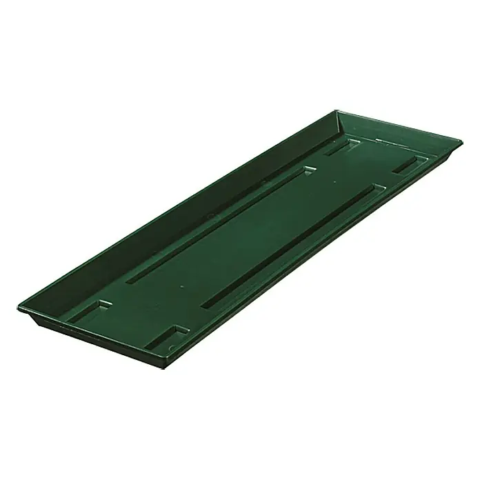 Geli Balkonkasten-Untersetzer - Länge: 60 cm, Dunkelgrün - Dunkelgrüne Pflanzschale aus Kunststoff mit erhöhten Rändern und länglichen Vertiefungen. Perfekt für Zimmerpflanzen und den Garten.