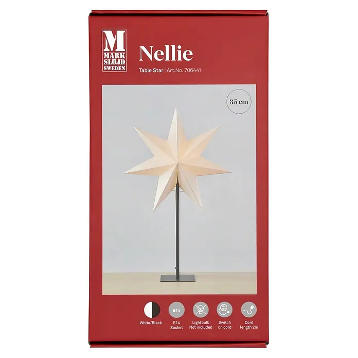 Markslöjd Standstern Nellie - Ø x H: 35 x 55 cm, Weiß, Netzbetrieben - Cremefarbene 35 cm Tischsternleuchte mit schwarzem Ständer. Mit E14-Fassung und Kabelschalter.