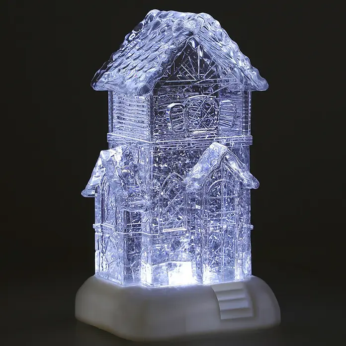 Markslöjd LED-Weihnachtsdekoleuchte Dale - 14,5 x 13 x 26 cm, Weiß/ Transparent, Batteriebetrieben, LED - Eine klare, facettierte, beleuchtete kristallähnliche Hausdekoration mit weißem Sockel, die kühles weißes Licht ausstrahlt.