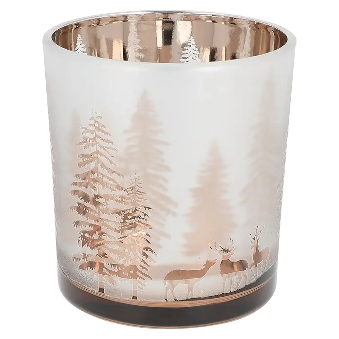 Teelichthalter Baum - 7 x 8 cm, Silber - Teelichthalter aus mattiertem Glas mit goldenem Winterwald- und Hirschmotiv, glänzender goldener Innenseite und dunklem Boden.