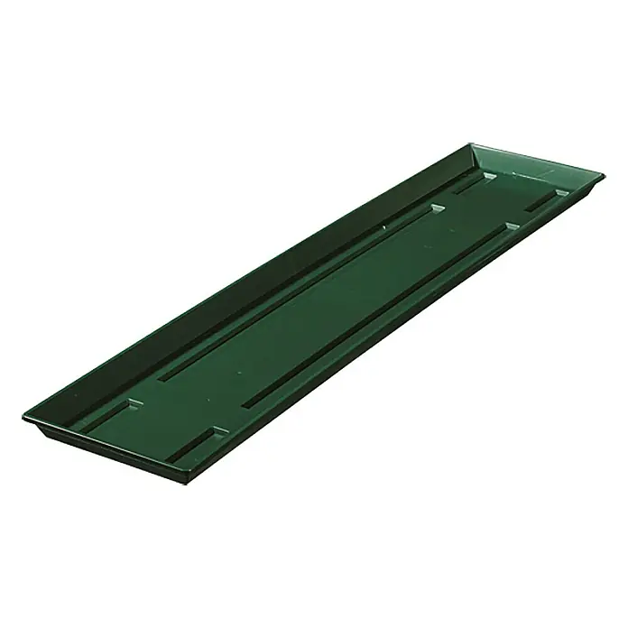 Geli Balkonkasten-Untersetzer - Länge: 80 cm, Dunkelgrün - Eine grüne Pflanzschale mit erhabenen Rändern und integrierten Stegen für eine bessere Drainage, ideal für Zimmerpflanzen.