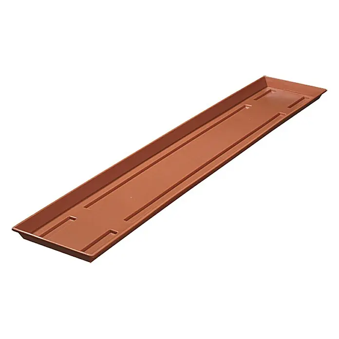 Geli Balkonkasten-Untersetzer - Länge: 100 cm, Terracotta - Eine längliche, terrakottafarbene Pflanzgefäß-Untertasse mit erhöhten Rändern und rechteckigen Vertiefungen zur Aufnahme von Töpfen.