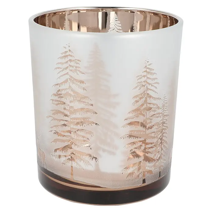 Teelichthalter Baum - 9 x 10 cm, Silber - Milchglas-Kerzenhalter mit goldenem Tannendekor, reflektierender Innenseite und dunklem Boden.