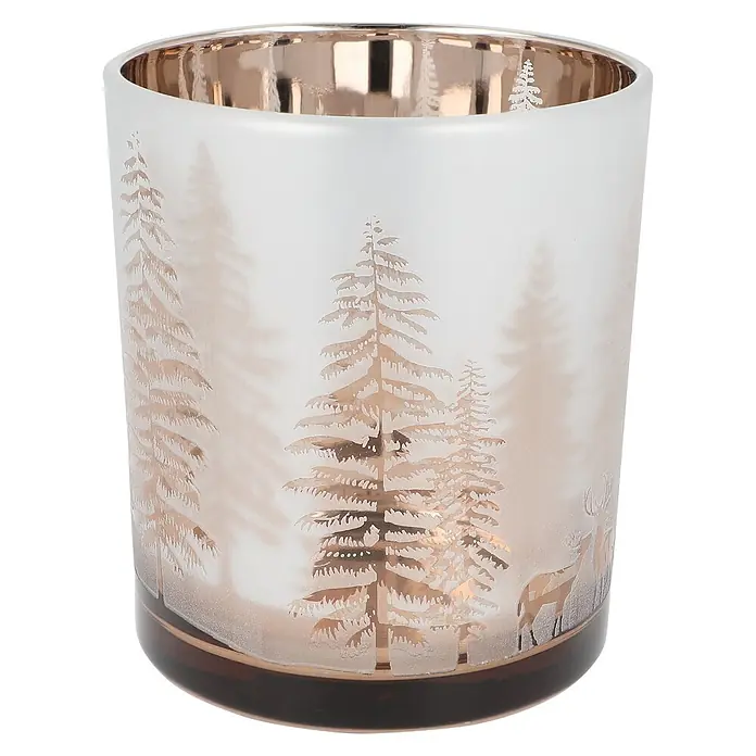 Teelichthalter Baum - 9 x 10 cm, Silber - Milchglas-Windlicht mit Metall-Innenseite, Winterwaldmotiv mit geätzten Bäumen und Rehen.
