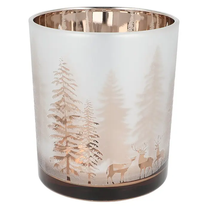 Teelichthalter Baum - 9 x 10 cm, Silber - Gefrosteter Glas-Kerzenhalter mit goldener Winterszene, Tannenbäumen und Rehen, sowie metallic-goldenem Inneren.