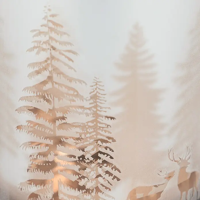 Teelichthalter Baum - 9 x 10 cm, Silber - Milchglas-Dekorfolie mit Tannenbaum- und Rehmotiven.