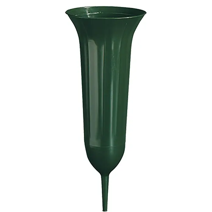 Geli Grabvase - Außendurchmesser: 11 cm, Höhe: 26 cm, Dunkelgrün - Abbildung einer grünen Grabvase aus Kunststoff mit spitzem Ende zur einfachen Befestigung auf dem Friedhof. Ideal für Blumengestecke.