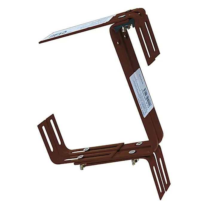 Geli Balkonkastenhalter Typ C - Braun, 3-fach verstellbar, 2 Stk. - Nahaufnahme einer braunen Dachrinnenhalterung mit Schlitzen und Beschlägen.