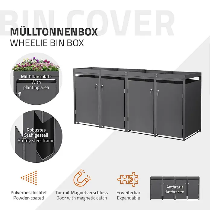 ML-Design Mülltonnenbox 4er 240L mit Pflanzdach 264x80x124 cm Anthrazit - Stahl, Anthrazit, Geeignet für Anzahl Mülltonnen: 4 Stk.