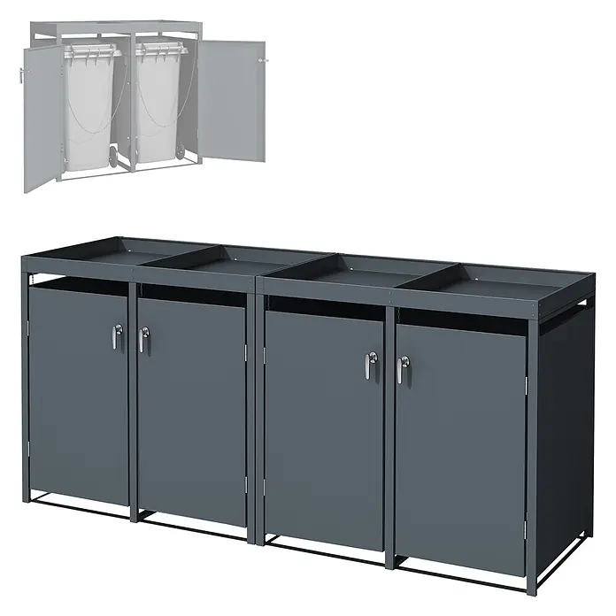 ML-Design Mülltonnenbox 4er 240L mit Pflanzdach 264x80x124 cm Anthrazit - Stahl, Anthrazit, Geeignet für Anzahl Mülltonnen: 4 Stk.