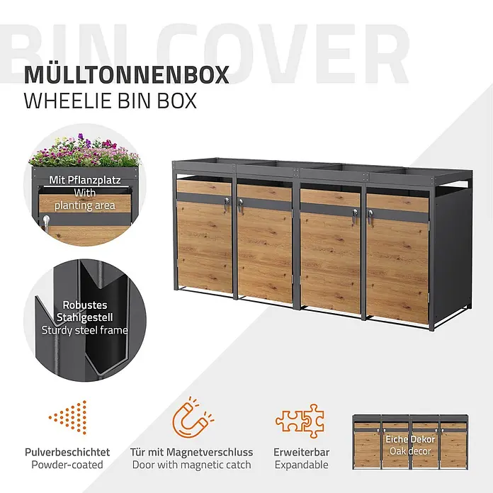 ML-Design Mülltonnenbox Mülltonnenbox 4er 240L 264x80x124cm Holzoptik mit Pflanzdach - Stahl, Anthrazit, Braun, Geeignet für Anzahl Mülltonnen: 4 Stk.