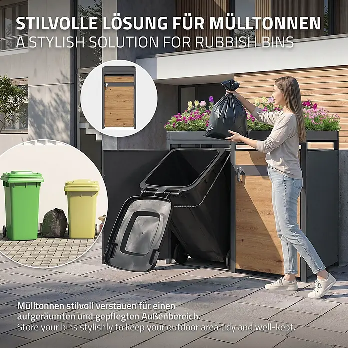 ML-Design Mülltonnenbox Mülltonnenbox 3er 240L 200x80x124cm Holzoptik mit Pflanzdach - Stahl, Anthrazit, Braun, Geeignet für Anzahl Mülltonnen: 3 Stk.