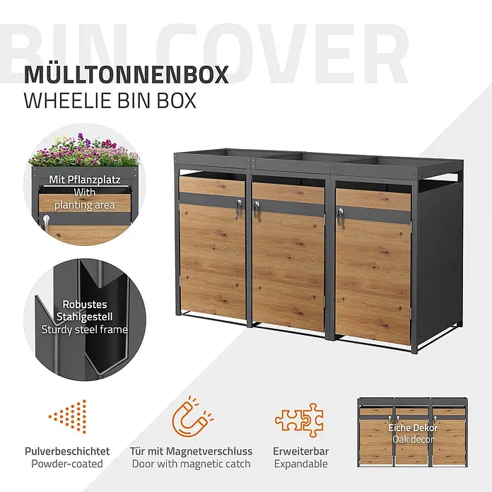 ML-Design Mülltonnenbox Mülltonnenbox 3er 240L 200x80x124cm Holzoptik mit Pflanzdach - Stahl, Anthrazit, Braun, Geeignet für Anzahl Mülltonnen: 3 Stk.