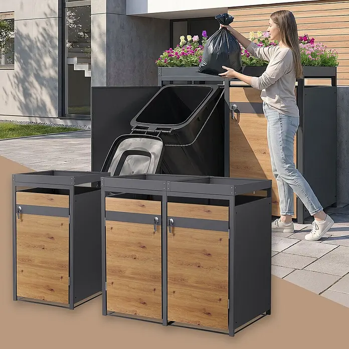 ML-Design Mülltonnenbox Mülltonnenbox 3er 240L 200x80x124cm Holzoptik mit Pflanzdach - Stahl, Anthrazit, Braun, Geeignet für Anzahl Mülltonnen: 3 Stk.