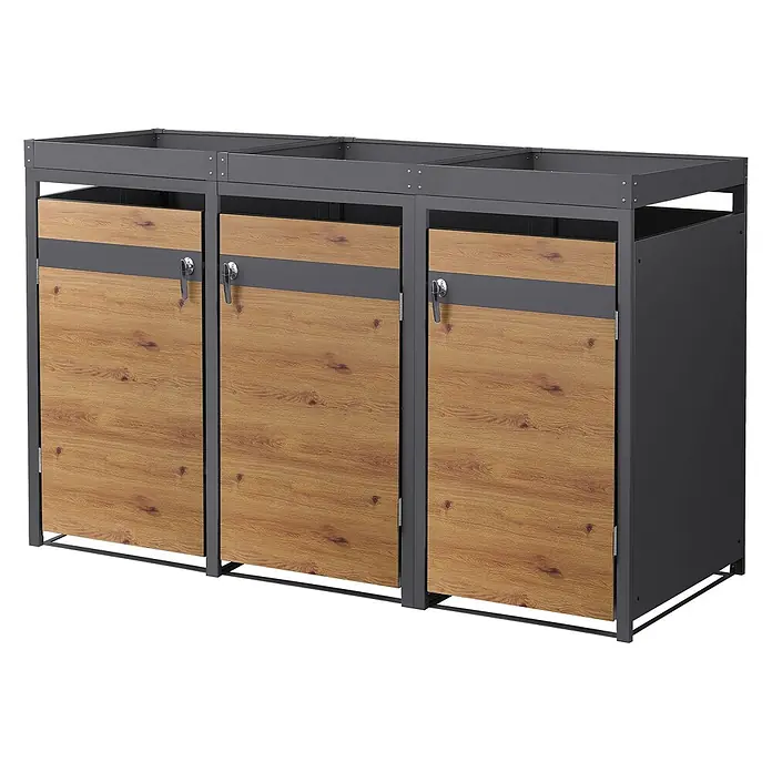 ML-Design Mülltonnenbox Mülltonnenbox 3er 240L 200x80x124cm Holzoptik mit Pflanzdach - Stahl, Anthrazit, Braun, Geeignet für Anzahl Mülltonnen: 3 Stk.