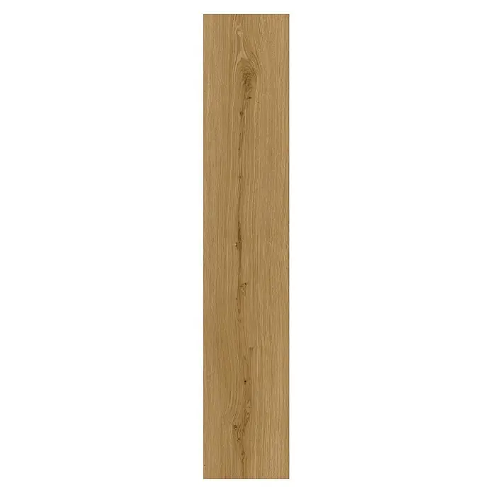Vinylboden Rigid - Eiche Mandal, Landhausdiele, 1.295 x 240 x 6 mm - Hellbraunes Holzbrett mit natürlicher Maserung und Ästen, geeignet für Böden oder Verkleidungen.