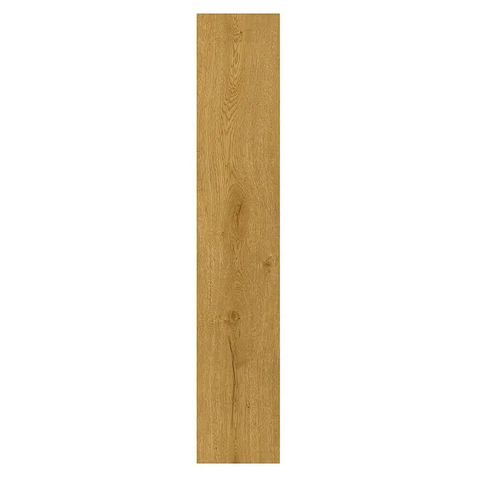 Vinylboden Rigid - Eiche Vestfold, Landhausdiele, 1.295 x 240 x 6 mm - Hellbraune Holzdiele mit ausgeprägter Naturmaserung und Ästen, die eine warme, rustikale Ästhetik zeigt.