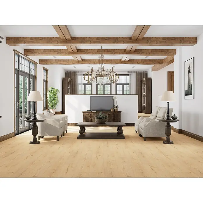 Vinylboden Rigid - Eiche Telemark, Landhausdiele, 1.295 x 240 x 6 mm - Braune Holzdeckenbalken mit rustikalem Finish, die die rustikale Eleganz eines Wohnzimmers unterstreichen.