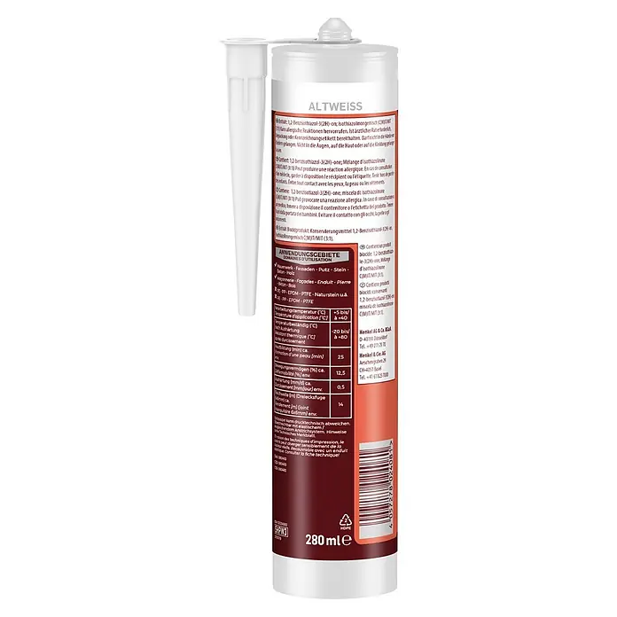 Sista Acryl Putz & Fassade - Altweiß, 280 ml - Weiß-dunkelrote Dichtstoffkartusche, 280 ml, mit Aufschrift "ALTWEISS" auf dem Etikett.