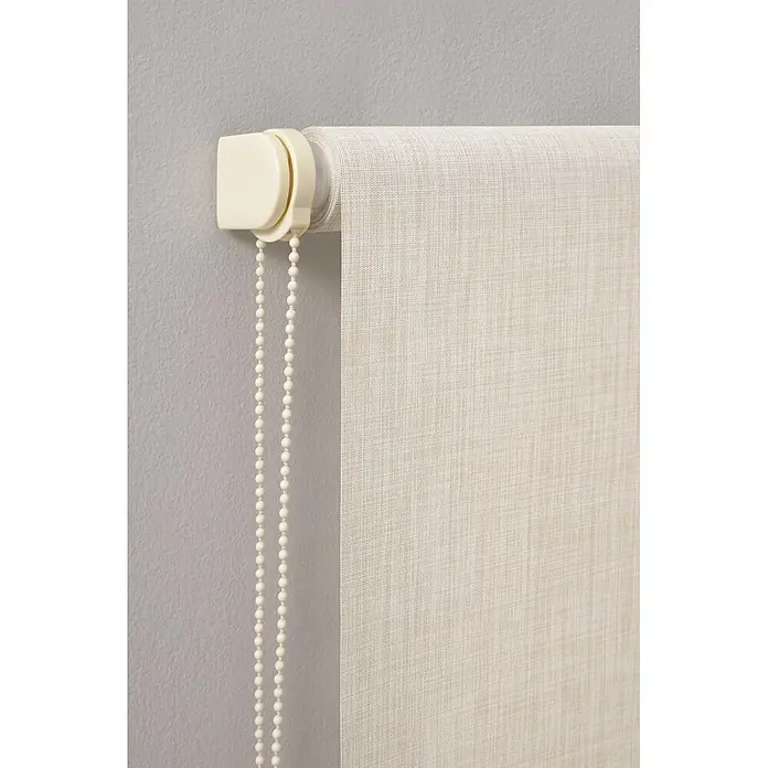 Estor enrollable Screen 5% Abu Dhabi - An x Al: 120 x 250 cm, Crema - Estor enrollable beige claro de tela tejida, parcialmente bajado, con mecanismo de cadena de bolas color crema.