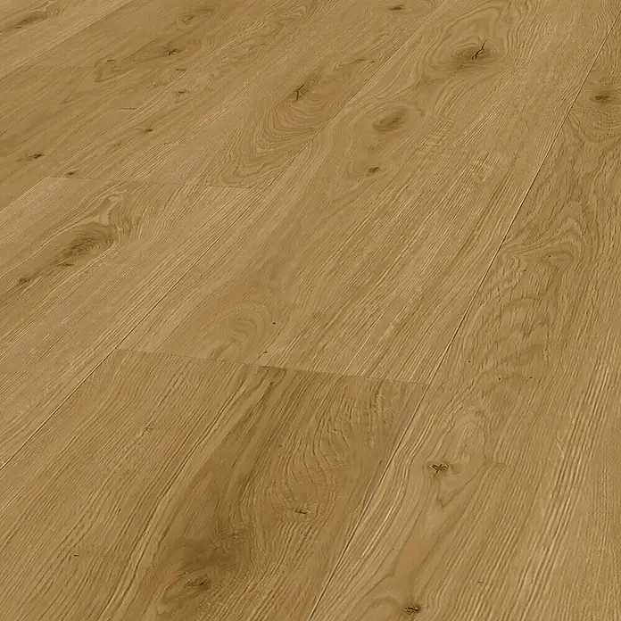 Vinylboden Rigid - Eiche Mandal, Landhausdiele, 1.295 x 240 x 6 mm - Heller Naturholzboden mit sichtbarer Maserung und Ästen.