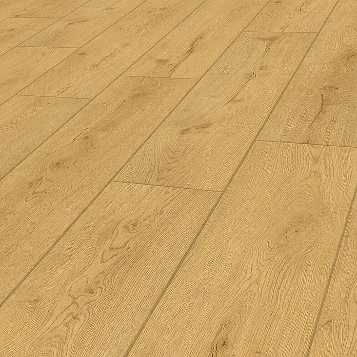 Vinylboden Rigid - Eiche Troms, Landhausdiele, 1.295 x 240 x 6 mm - Hellebraune Holzfußboden-Dielen mit natürlicher Maserung und Ästen, diagonal verlegt.