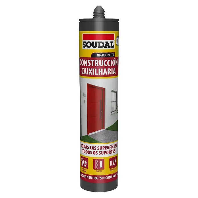Soudal Silicona Neutra Construcción - Negro, 290 ml - Sellador de silicona neutra Soudal negro para construcción en tubo, con etiquetas rojas y amarillas mostrando una entrada de casa.