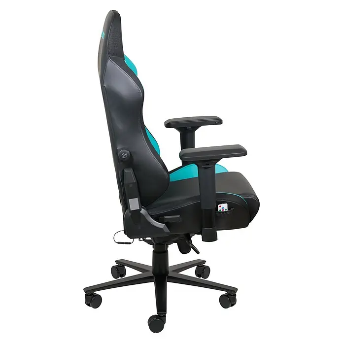 Nacon Silla de oficina PCCH-800RGB - Luz RGB personalizable, Negro/Verde, Reposabrazos - Silla gaming negra y turquesa, vista lateral. Con reposabrazos ajustables, pomo de reclinación, mando en bolsillo lateral y base de cinco ruedas.