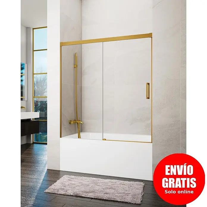 GME Mampara para bañera Basic - An x Al: 170 x 150 cm, Vidrio transparente, Oro - Mampara de ducha corredera con marco dorado sobre bañera blanca con sistema de ducha dorado a juego en un baño moderno.