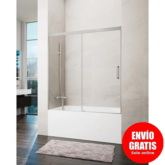 GME Mampara para bañera Basic - An x Al: 150 x 150 cm, Vidrio transparente, Níquel - Mampara de bañera de cristal con perfiles plateados y puertas correderas, instalada en una bañera blanca.