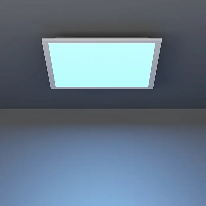 Eglo LED-Deckenleuchte Moradillo-Z - 21 W, L x B x H: 393 x 393 x 61 mm, Weiß, RGB - Quadratische Deckenleuchte mit weißem Rahmen und blauer Beleuchtung.