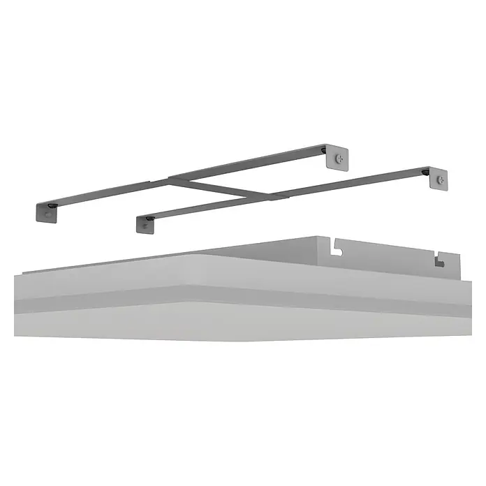 Eglo LED-Deckenleuchte Moradillo-Z - 21 W, L x B x H: 595 x 595 x 61 mm, Weiß, RGB - Hellgraue rechteckige LED-Panel-Leuchte mit texturiertem Streifen und separater Metallhalterung.