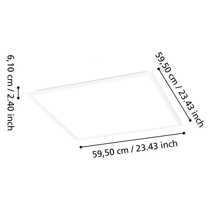 Eglo LED-Deckenleuchte Moradillo-Z - 21 W, L x B x H: 595 x 595 x 61 mm, Weiß, RGB - Weißes quadratisches LED-Panel mit Maßen 59,50 x 59,50 x 6,10 cm.