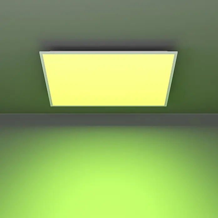 Eglo LED-Deckenleuchte Moradillo-Z - 21 W, L x B x H: 595 x 595 x 61 mm, Weiß, RGB - Rechteckige LED-Deckenleuchte mit grauem Rahmen, die warmes gelbes Licht ausstrahlt.