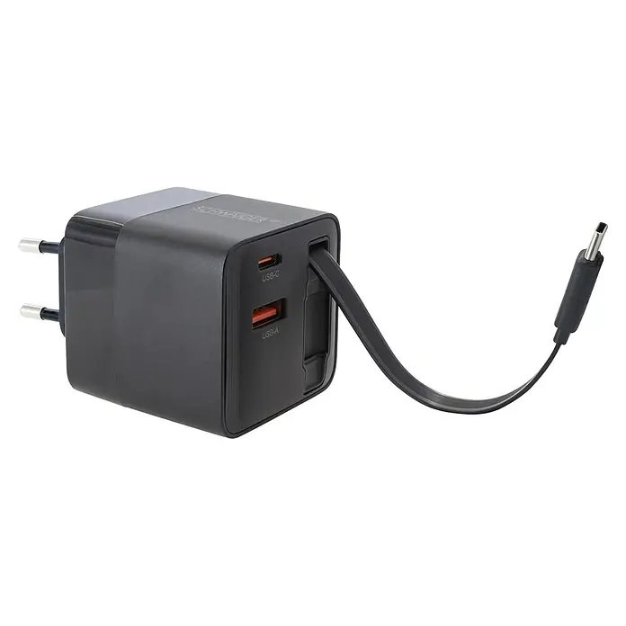 Schwaiger USB-Ladegerät Ladeadapter (65W, USB-C, schwarz) - 1 x Eurostecker (Typ C) - Schwarzes Netzteil mit USB-C und USB-A Anschlüssen und integriertem Kabel mit Hohlstecker.