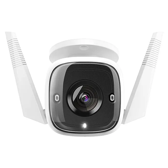 TP-Link Außenkamera TC65 (Außenbereich, Wi-Fi, weiß) - Weiß, Erfassungsreichweite: 30 m - Weiße Überwachungskamera mit zwei externen Antennen, dunkler Linse und kleiner Statusleuchte.