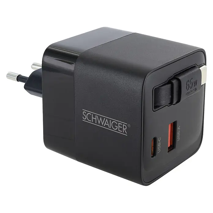 Schwaiger USB-Ladegerät Ladeadapter (65W, USB-C, schwarz) - 1 x Eurostecker (Typ C) - Schwarzes SCHWAIGER 65W Netzteil mit USB-C und USB-A Ladeanschlüssen und europäischem Stecker.