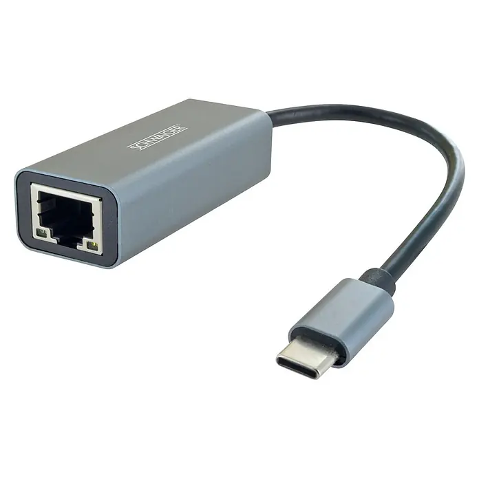 Schwaiger Netzwerkadapter Schwaiger NWAC0100 Netzwerkadapter (USB-C auf RJ45, silber) - USB C-Stecker, RJ45-Buchse - Grauer USB-C zu Ethernet Adapter mit schwarzem Kabel und RJ45-Anschluss.