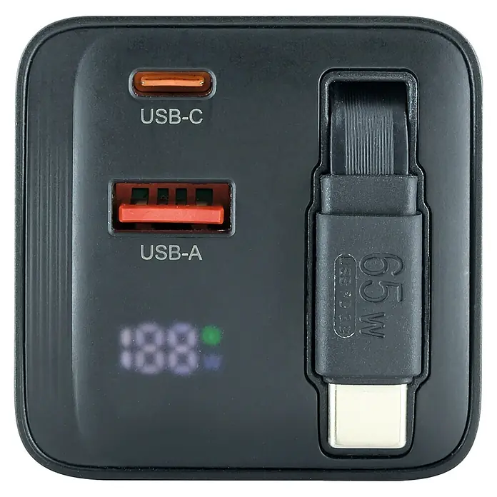 Schwaiger USB-Ladegerät Ladeadapter (65W, USB-C, schwarz) - 1 x Eurostecker (Typ C) - Dunkelgraues Multi-Port-Ladegerät mit USB-C-, USB-A-Anschlüssen, 100W Digitalanzeige und integriertem 65W USB-C-Kabel.