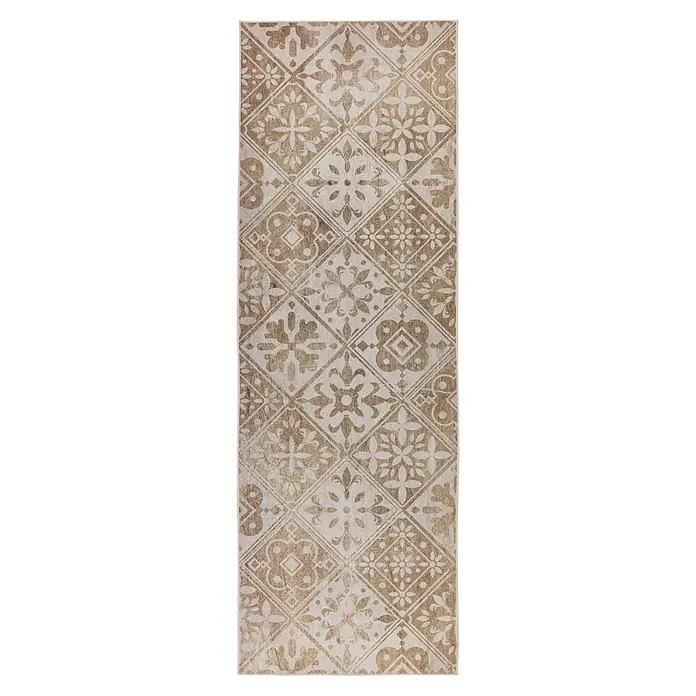 Kayoom Teppichläufer Pyron 725 - Beige, 180 x 60 cm, 100 % Polyester - Rustikale beigebraune Fliese mit Blumen- und Geometriemustern.