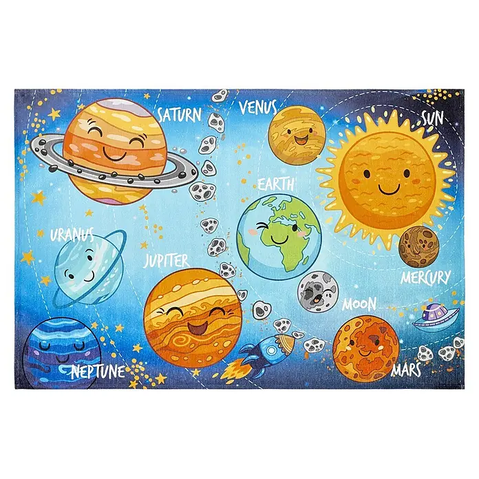 Kayoom Kinderteppich Sympathy Kids 240 Solar System - Multi, 230 x 160 cm, 100 % Polyester - Buntes Cartoon-Sonnensystem-Poster mit lächelnden Planeten, Sonne und Mond auf blauem Sternenhimmel.