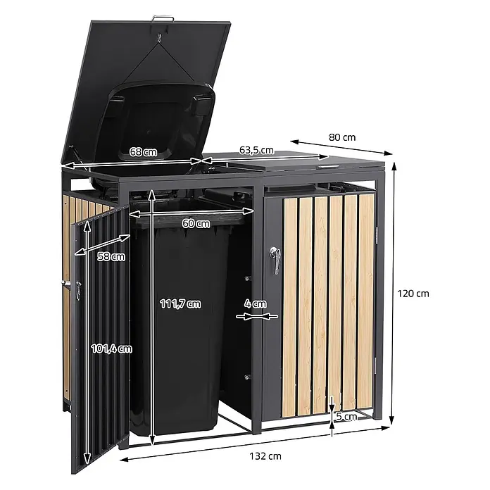 ML-Design Mülltonnenbox Mülltonnenbox 4er 240L 264x80x120cm Holzoptik aus Stahl - Stahl, Anthrazit, Hellbraun, Geeignet für Anzahl Mülltonnen: 2 Stk.