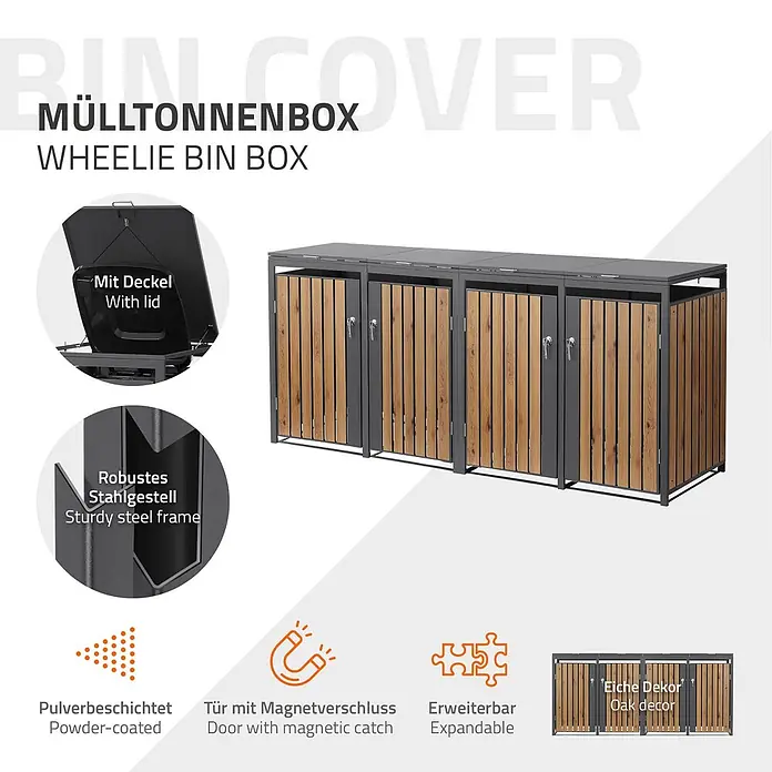 ML-Design Mülltonnenbox Mülltonnenbox 4er 240L 264x80x120cm Holzoptik mit Tür - Stahl, Anthrazit, Braun, Geeignet für Anzahl Mülltonnen: 2 Stk.