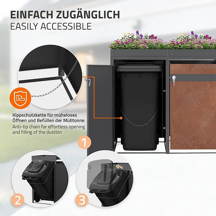 ML-Design Mülltonnenbox Mülltonnenbox 3er 240L 200x80x124cm Rostoptik Pflanzdach - Stahl, Anthrazit, Rot-Braun, Geeignet für Anzahl Mülltonnen: 3 Stk.