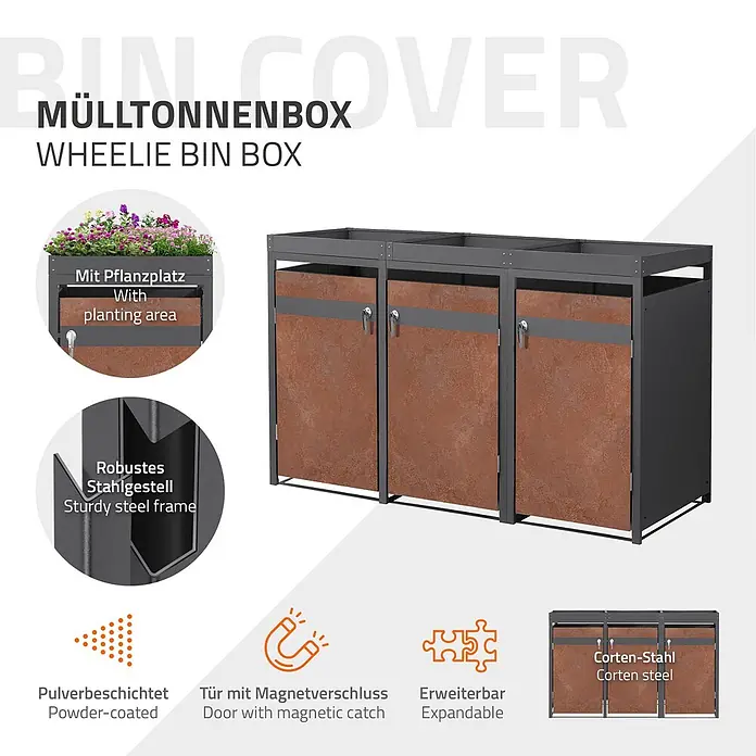 ML-Design Mülltonnenbox Mülltonnenbox 3er 240L 200x80x124cm Rostoptik Pflanzdach - Stahl, Anthrazit, Rot-Braun, Geeignet für Anzahl Mülltonnen: 3 Stk.