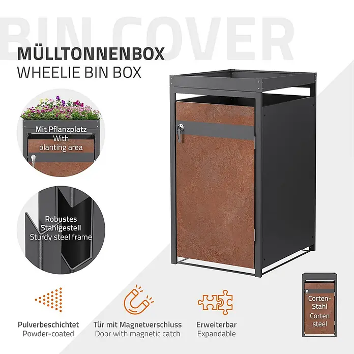 ML-Design Mülltonnenbox Mülltonnenbox 1er 240L 68x80x124cm Rostoptik mit Pflanzdach - Stahl, Anthrazit, Rot-Braun, Geeignet für Anzahl Mülltonnen: 1 Stk.