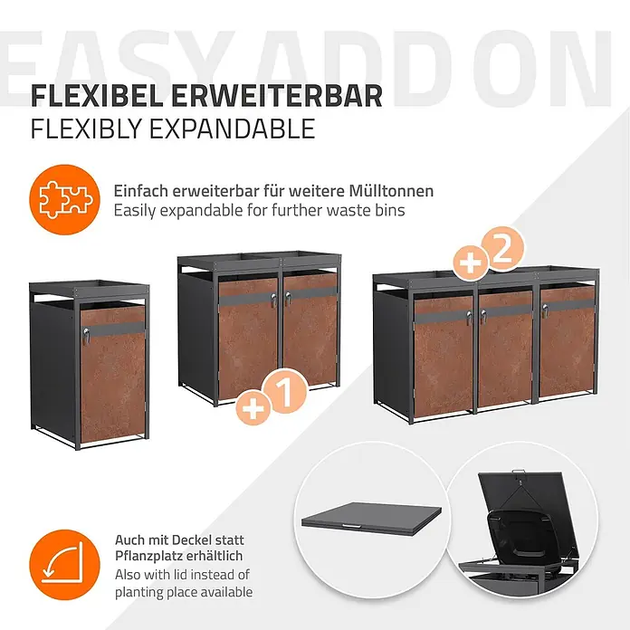 ML-Design Mülltonnenbox Mülltonnenbox 1er 240L 68x80x124cm Rostoptik mit Pflanzdach - Stahl, Anthrazit, Rot-Braun, Geeignet für Anzahl Mülltonnen: 1 Stk.